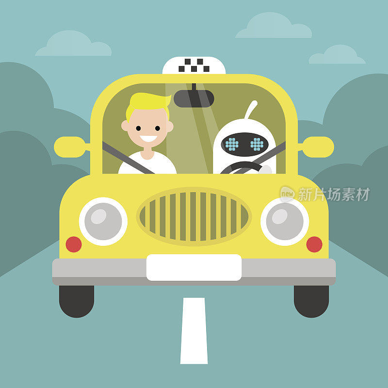 无人驾驶汽车概念演示。可爱的机器人驾驶出租车与乘客在前座/平面可编辑矢量插图，剪辑艺术